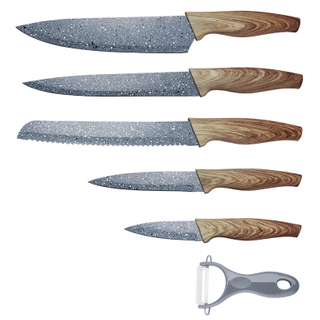 Wooden Coated Handle 6pcs Kitchen Chef Knife Set with Marbled Painting