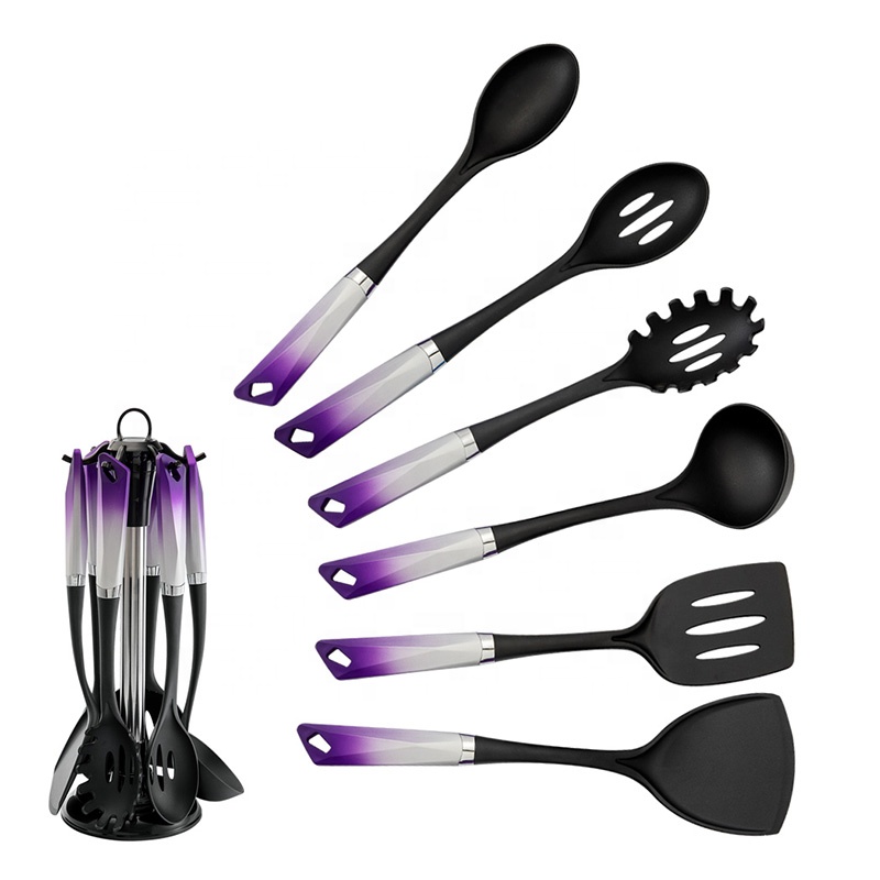 Gradually Changed Color Handle Nylon Kitchen Utensils Set with Stand